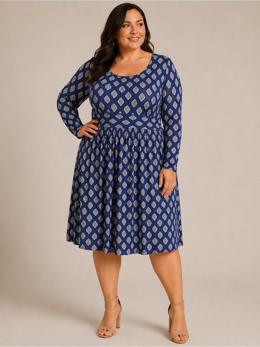 Boden Women’s Blue Patterned Long-Sleeve A-Line Dress